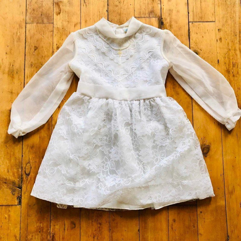 HOLLYWOOD Girls Dress Size 8 White Lace Lined VTG